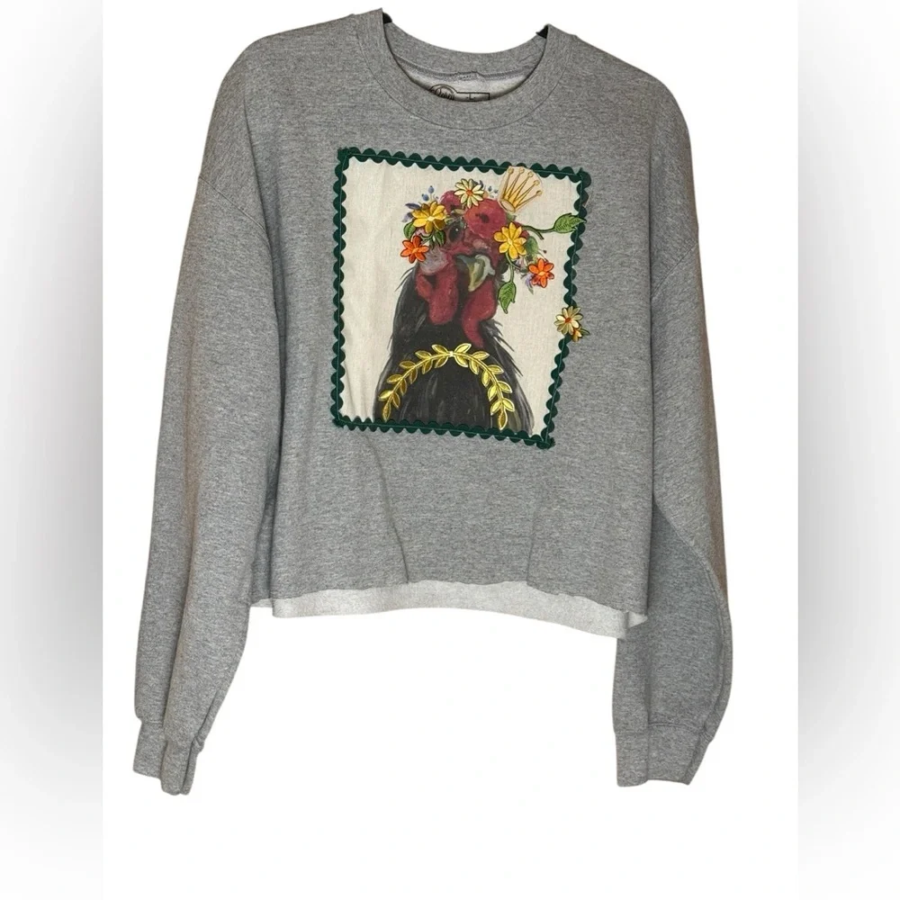 Handcrafted Upcycled Gray Cropped Novelty Appliqué Sweatshirt Rooster Graphic L - Picture 2 of 10